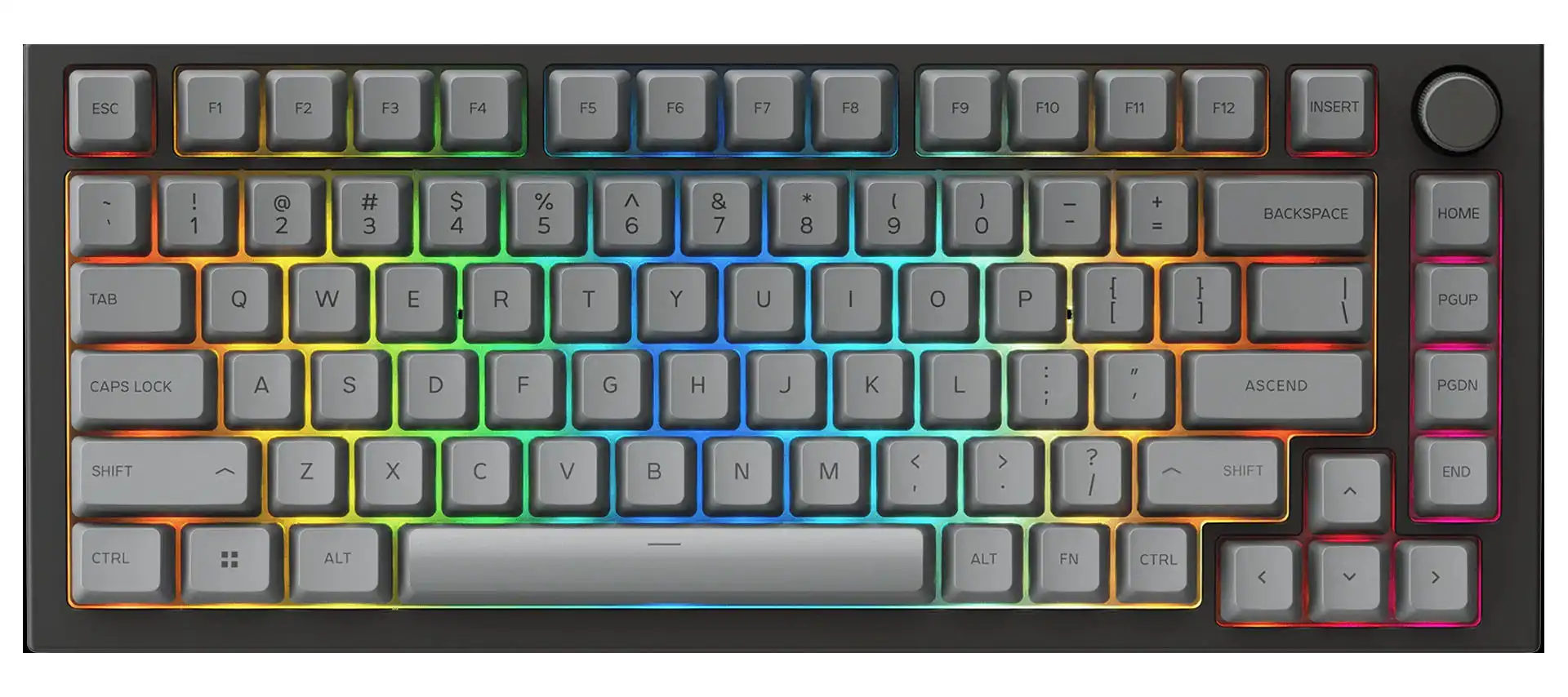 Compact computer keyboard with gray keys and multicolored backlighting against a white background